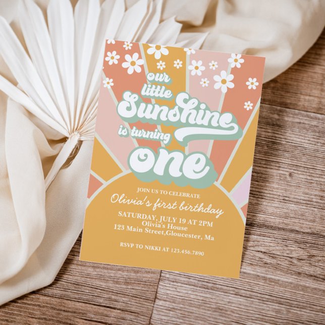 Invitación Retro Sunshine daisy boho floral primer cumpleaños (Subido por el creador)