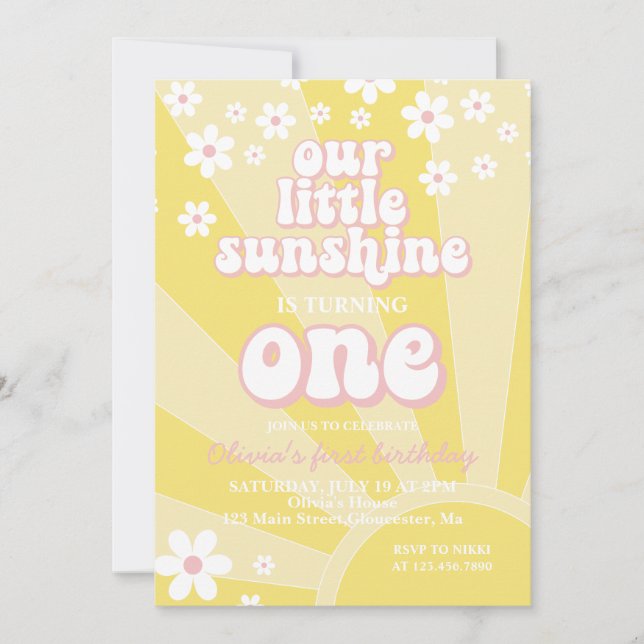 Invitación Retro Sunshine margarita boho floral primer cumple (Anverso)