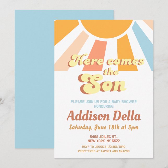 Invitación Retro Sunshine Sun ThBoy Baby Shower (Anverso / Reverso)