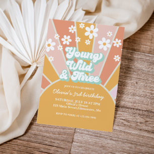 Invitación Retro Sunshine Young Wild Three daisy boho floral