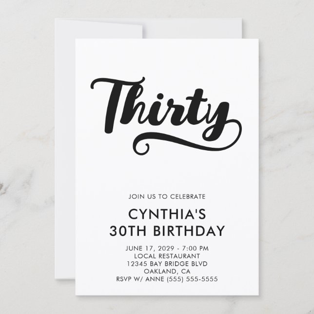 Invitación Retro Swash Bold Script Cumpleaños 30 (Anverso)
