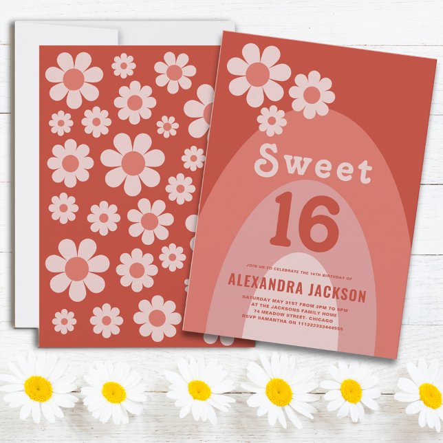 Invitación Retro Sweet 16 Naranja de fiesta de cumpleaños (Sweet 16 Retro vintage daisy arch peach orange 16th birthday party with groovy typography )