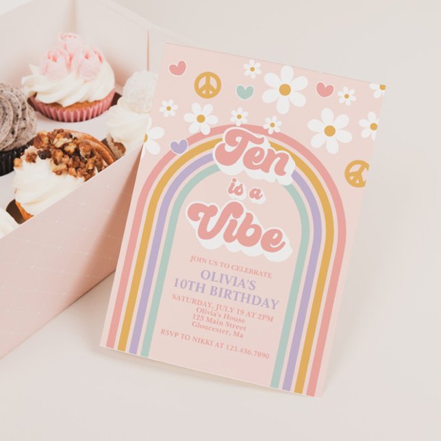 Invitación Retro Ten es un Vibe cumpleaños número 10 Arcoíris (Subido por el creador)