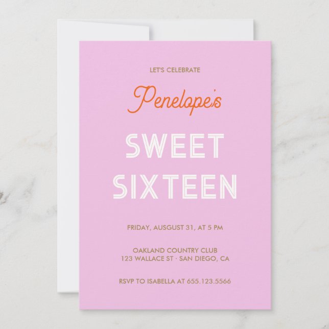Invitación Retro tipográfico audaz Sweet dieciséis - rosa lil (Anverso)