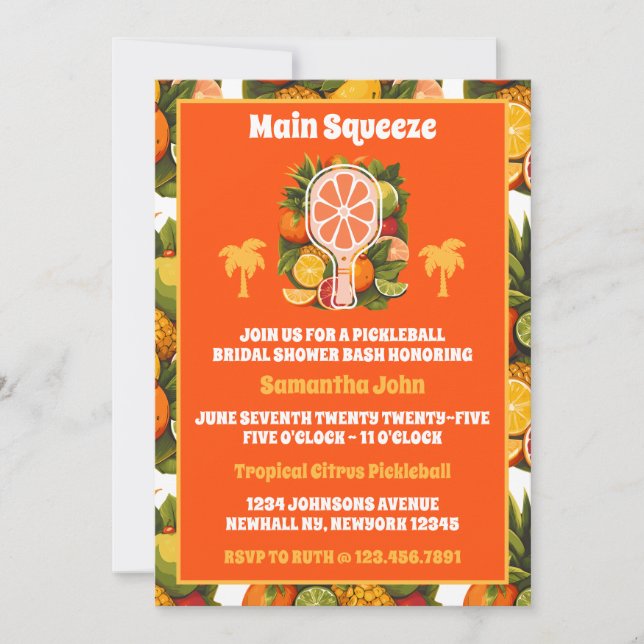 Invitación Retro Tropical Citrus Pickleball Brillante Ducha (Anverso)