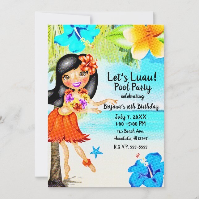 Invitación Retro Tropical Hula Chica Luau Beach Fiesta Cumple (Anverso)
