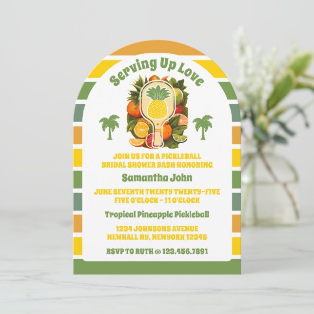 Invitación Retro Tropical Pineapple Pickleball Brillante Duch (Anverso de pie)