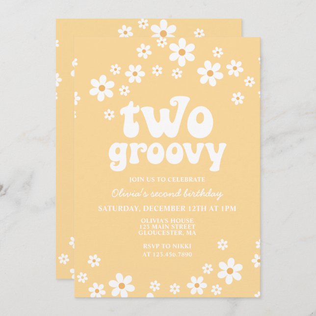 Invitación Retro Two Groovy daisy boho floral segundo cumplea (Anverso / Reverso)