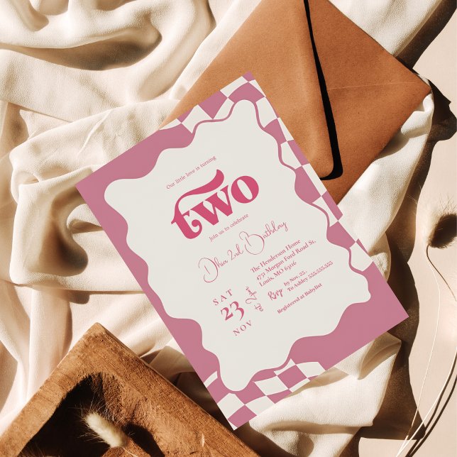 Invitación Retro Two Groovy Pink Checkered 2nd Birthday (Subido por el creador)