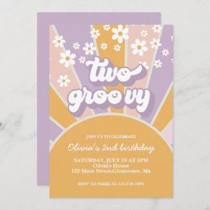 Invitación Retro Two Groovy Sunshine daisy morado