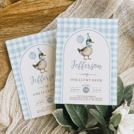 Invitación Retro Un Afortunado Pato Azul Balón Niño Primer Cu