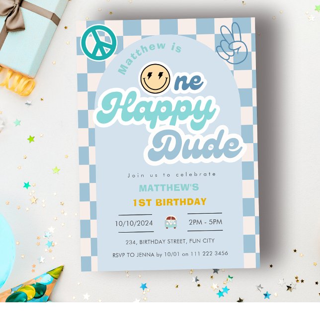 Invitación Retro Un Amigo Feliz Groovy Boy Primer Cumpleaños (Retro One Happy Dude Groovy Boy 1st First Birthday Invitation)