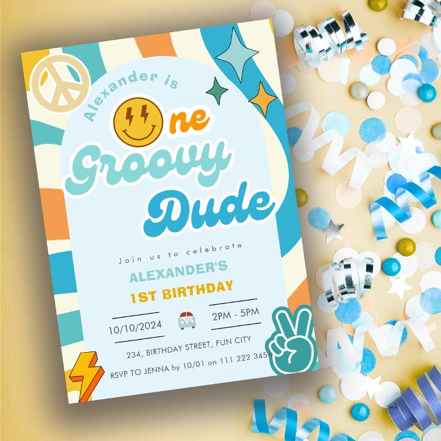 Invitación Retro Un Groovy Dude Niño Primer Cumpleaños (Retro One Groovy Dude Boy 1st First Birthday Invitation)
