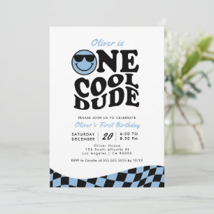 Invitación Retro Un Guay Dude Blue Smile Face 1er cumpleaños