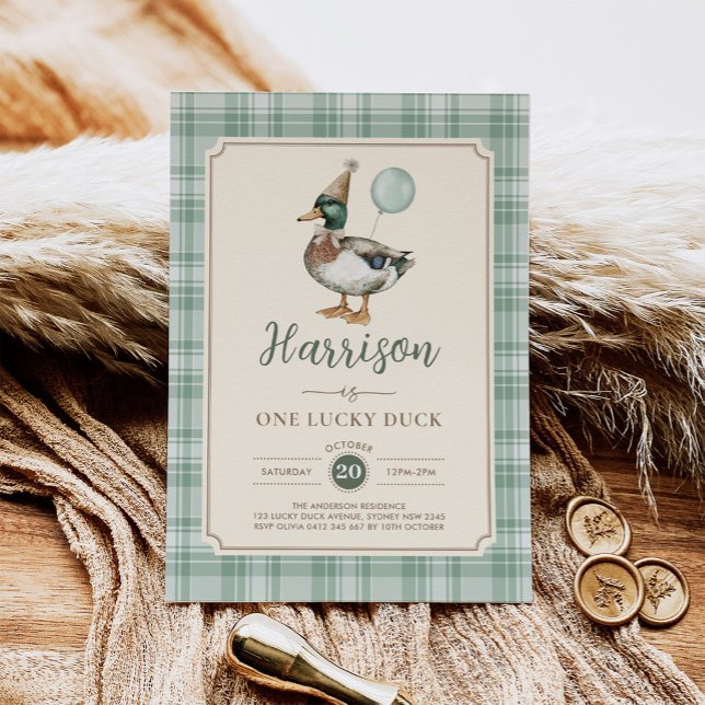 Invitación Retro Un Pato Afortunado Globo Verde Primer Cumple (Subido por el creador)