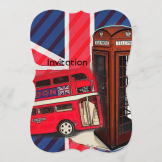 Invitación Retro Union Jack London Bus cabina telefónica roja