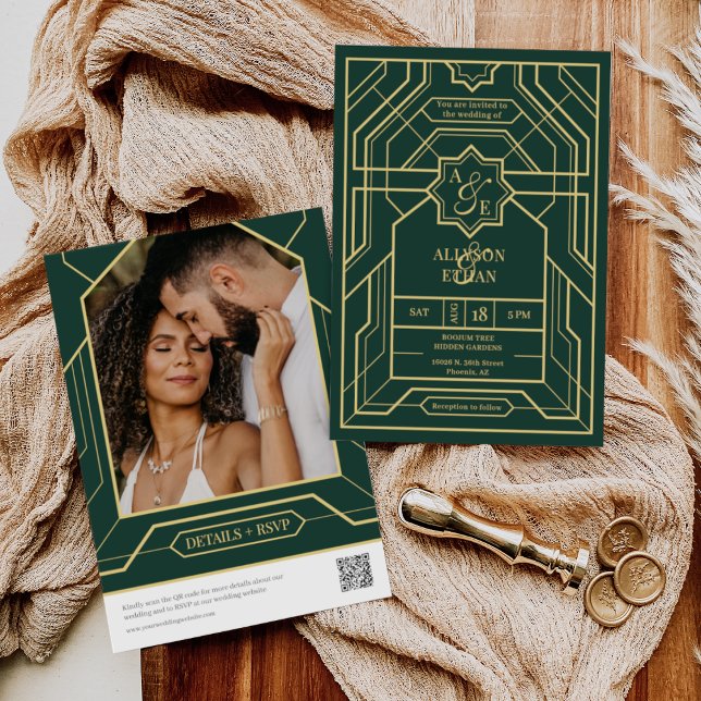 Invitación Retro Verde Esmeralda Oro Art Deco QR Código Foto (Subido por el creador)