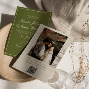 Invitación Retro Verde Oliva Dinero Antiguo Código QR Foto Bo