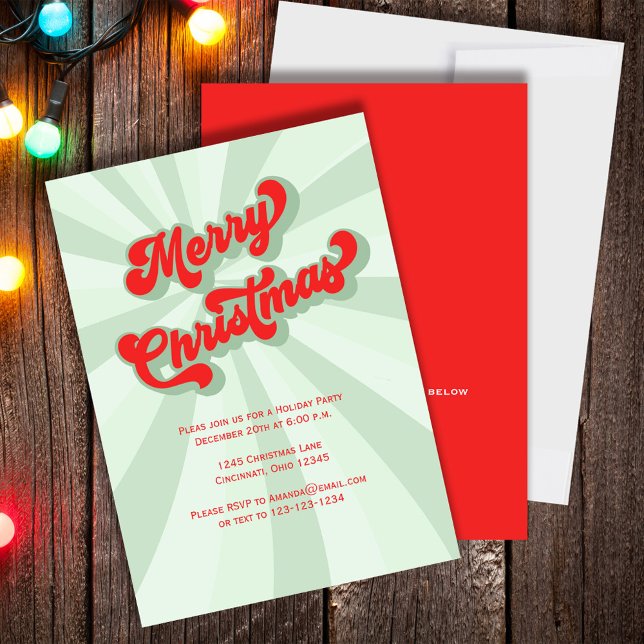 Invitación Retro Verde Rojo Feliz Personalizado navideño (Merry Christmas Holiday party invitation with green and red retro-style typography.)
