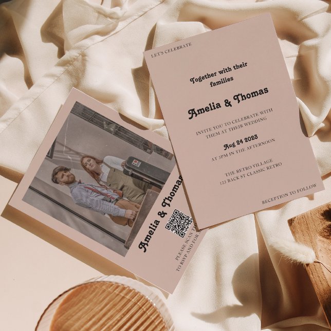 Invitación Retro Vibes Boho Beige Foto Boda de código QR (Subido por el creador)