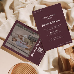 Invitación Retro Vibes Borgoña Foto Boda de código QR