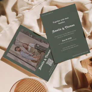 Invitación Retro Vibes Dark Green Photo QR Code Boda