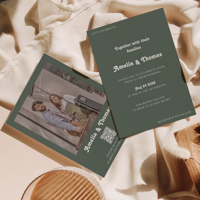 Invitación Retro Vibes Dark Green Photo QR Code Boda (Subido por el creador)