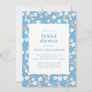 Invitación Retro Vintage Boho Blue Ditsy Floral Bridal Shower