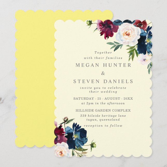 Invitación Retro Vintage Champagne Burgundy Boda Floral (Anverso / Reverso)