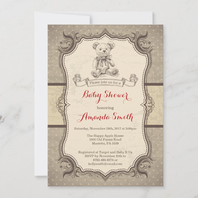 Invitación Retro Vintage de Baby Shower de oso (Anverso)