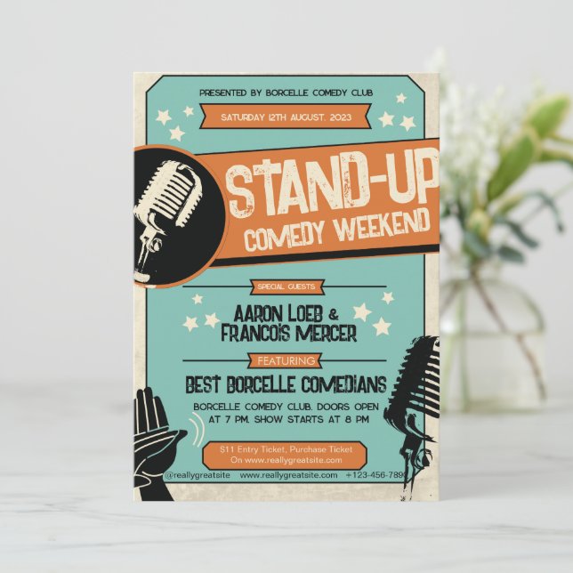Invitación Retro Vintage Grunge Stand Up Comedy (Anverso de pie)