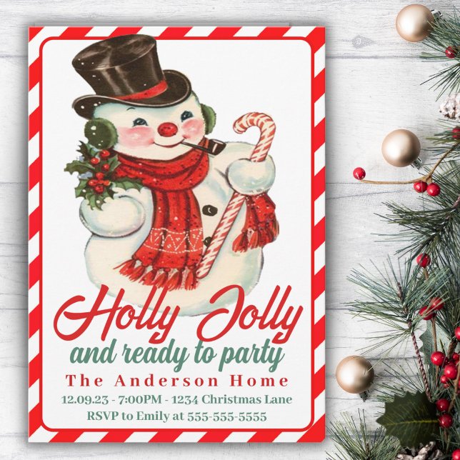 Invitación Retro Vintage Holly Jolly Personalizados Navidades (Retro Vintage Holly Jolly Snowman Custom Christmas Invitation)