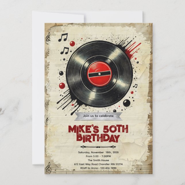 Invitación Retro vinyl birthday party invitation (Anverso)