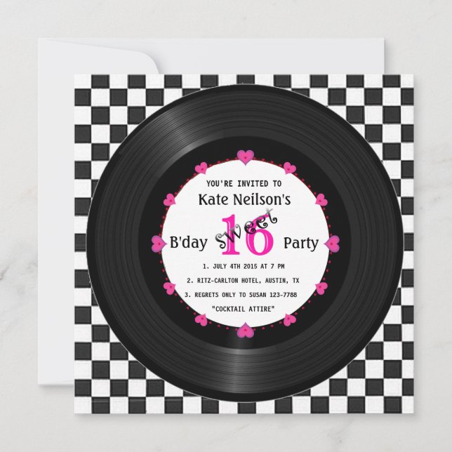 Invitación Rétro Vinyl Record l Dulce moderno 16 B'day (Anverso)