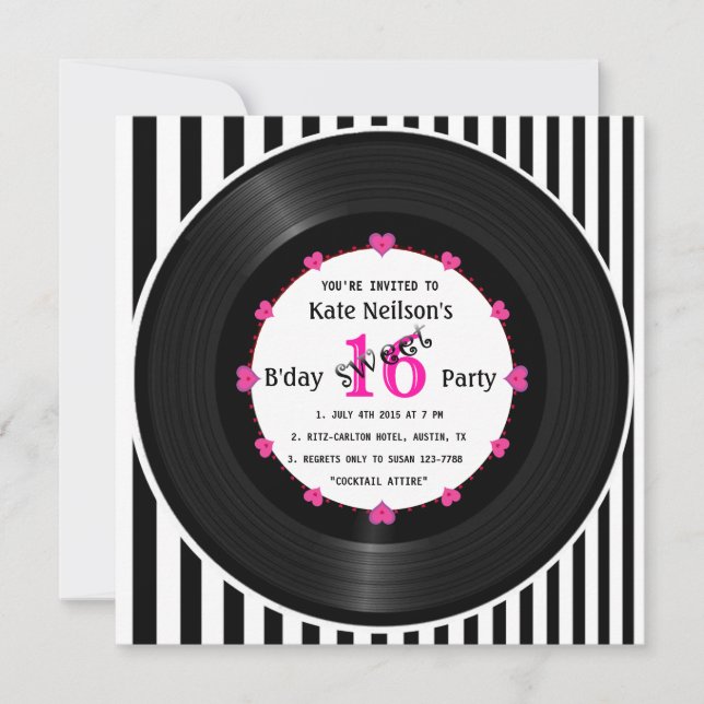 Invitación Rétro Vinyl Record l Dulce moderno 16 B'día (Anverso)