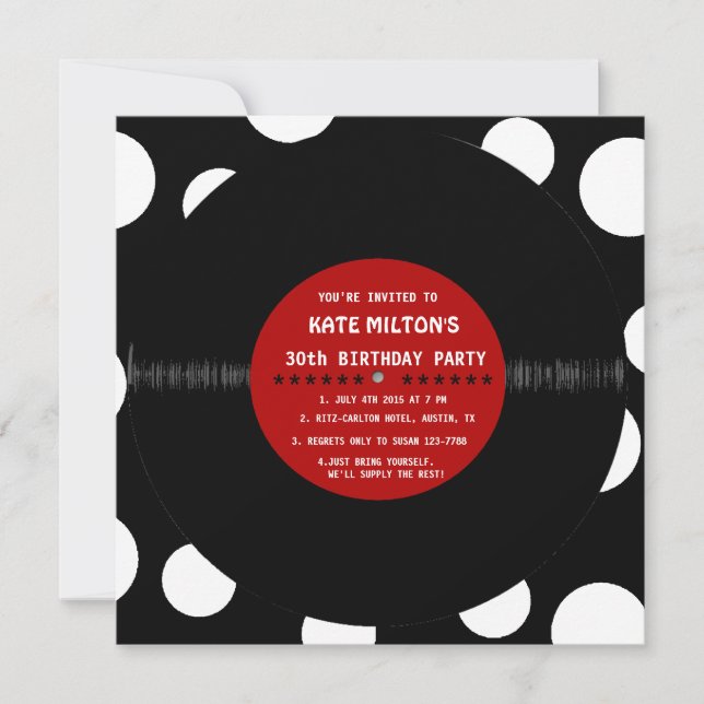 Invitación Rétro Vinyl Record l Fiesta de cumpleaños moderna  (Anverso)