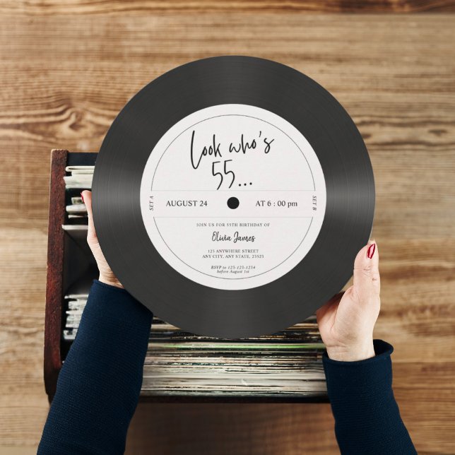 Invitación Retro vinyl record look who’s 55, 55th birthday  (Subido por el creador)