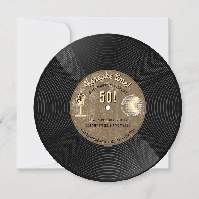 Invitación Retro Vinyl Record Music Karaoke Disco Birthday (Anverso)