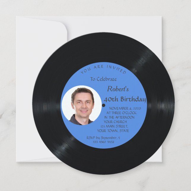 Invitación Retro Vinyl Record Music Man 40 Photo Birthday (Anverso)