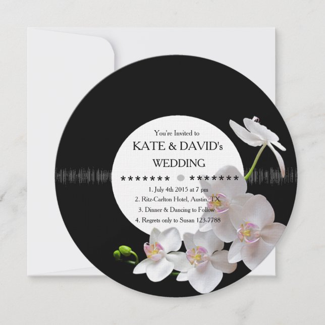 Invitación Rétro Vinyl Record Orquídeas de matrimonio moderno (Anverso)