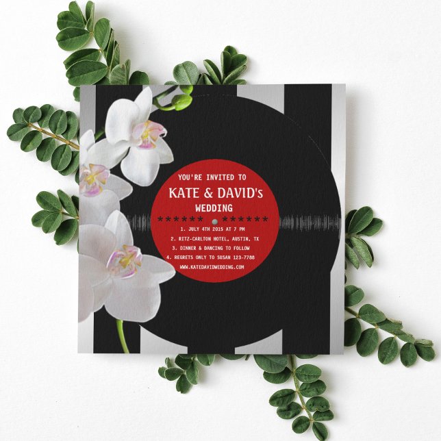Invitación Rétro Vinyl Record Orquídeas de matrimonio moderno (Subido por el creador)