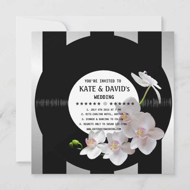 Invitación Rétro Vinyl Record Orquídeas de matrimonio moderno (Anverso)