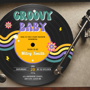 Invitación Retro Vynil Record Groovy Baby Shower 70s 80s Chic