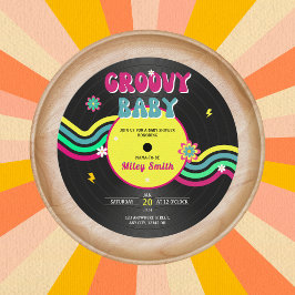 Invitación Retro Vynil Record Groovy Baby Shower 80s Neon