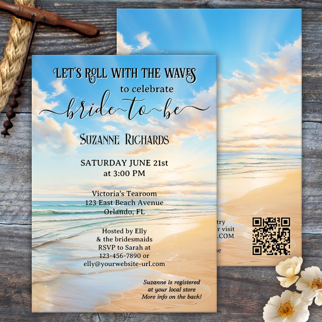 Invitación Retro Watercolor Beach Bridal Shower (Retro beach bridal shower invitation featuring a watercolor painting of a beach on a beautiful day)