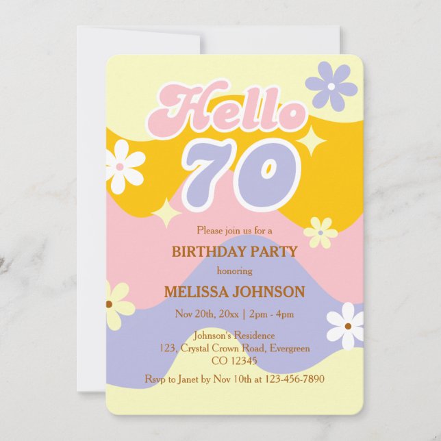 Invitación Retro Wave Groovy Flower Hello 70th Birthday  (Anverso)