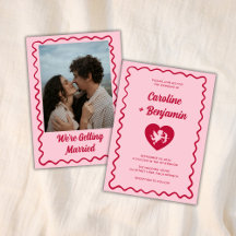 Retro Wavy Frame Red Pink Cupid Heart Wedding