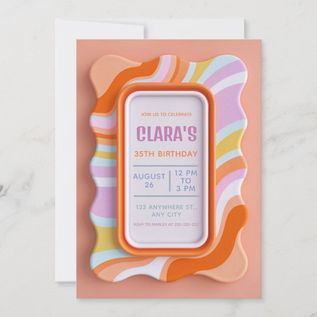 Invitación Retro Wavy Pastel 3D Gummy Frame Birthday (Anverso)
