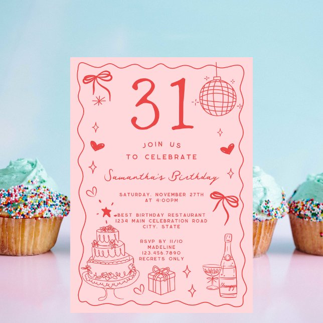 Invitación Retro Whimsical Quirky Rojo Rosa 31 cumpleaños (Subido por el creador)