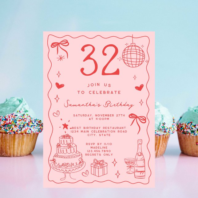 Invitación Retro Whimsical Quirky Rojo Rosa 32 cumpleaños (Subido por el creador)